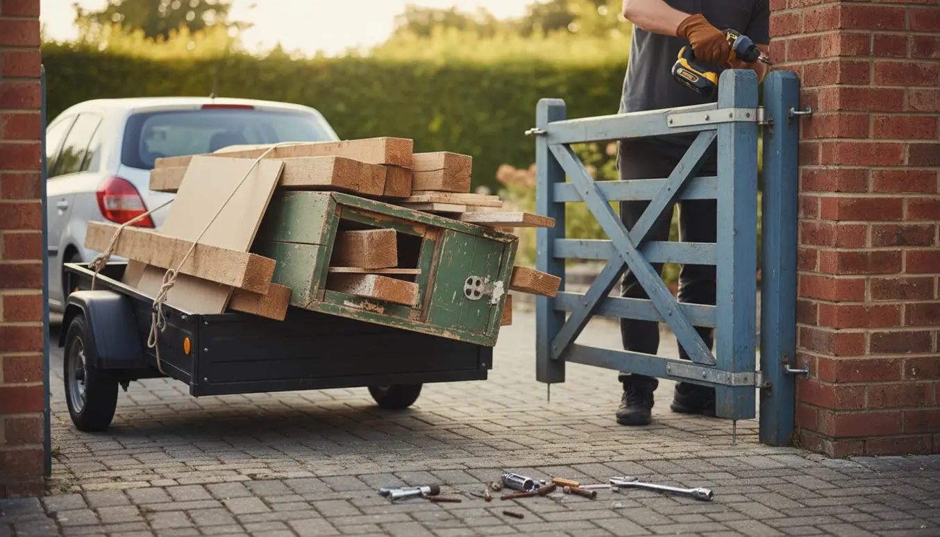 Trailer med træ og en person uden synligt ansigt afmonterer en havelåge med en boremaskine på en solskinsindkørsel.