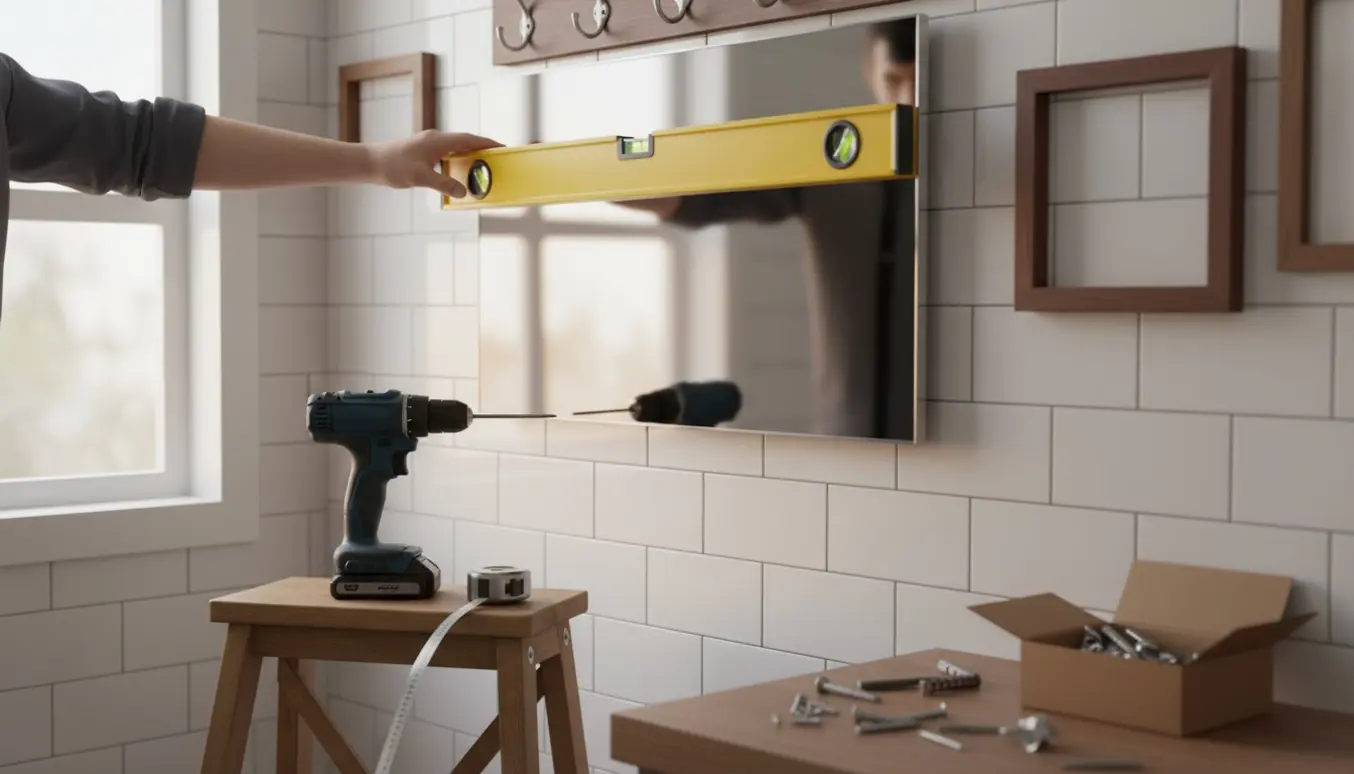 Opsætning af badespejl, billeder og knager på væggen med boremaskine og vaterpas.