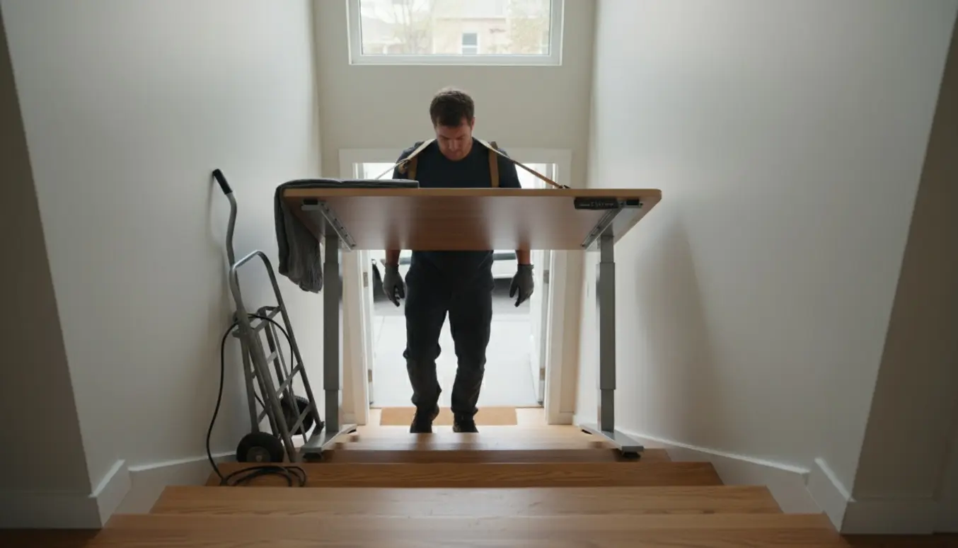 To personer bærer et hæve-sænkebord ned ad en trappe mod en åben varevogn.