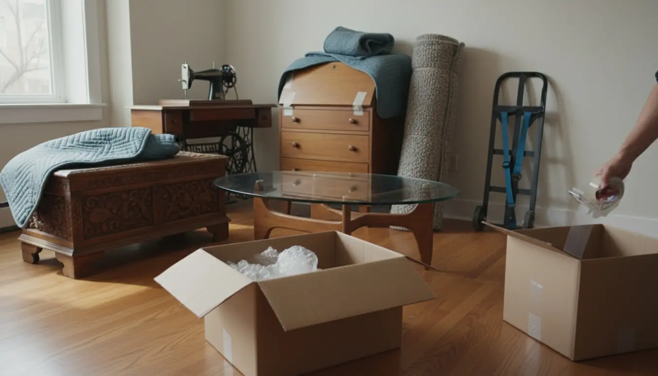 Møbler og flyttekasser i en stue forberedt til flytning med tæppe og pakkematerialer.