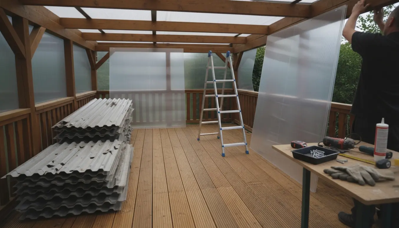 Udskiftning af gennemsigtige termoplader på en træoverdækket terrasse med nye plader og værktøj.