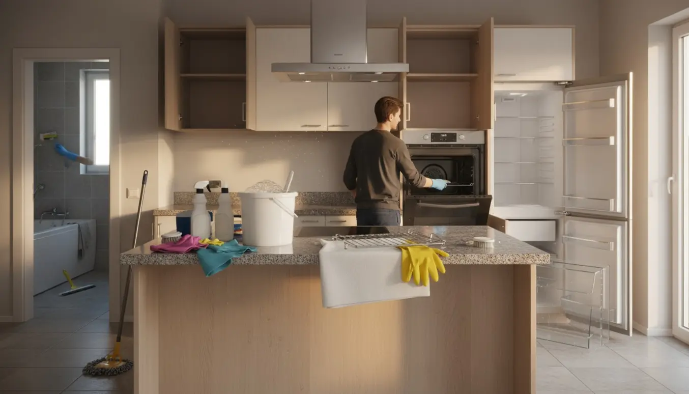 Køkken og badeværelse i et nyligt overtaget hus under grundig rengøring med rengøringsudstyr og handsker.