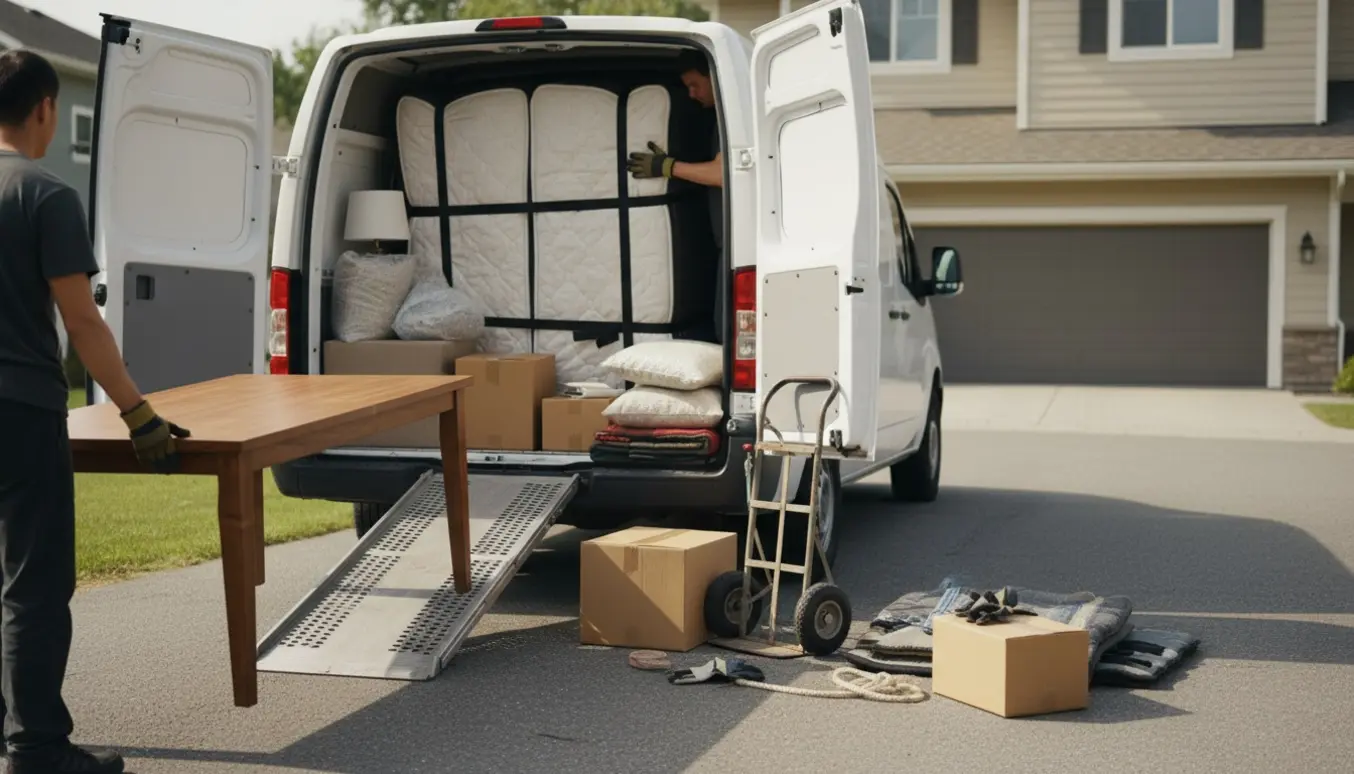 Varevogn og to flyttefolk pakker madras, afmonteret sofa og spisebord til afhentning.