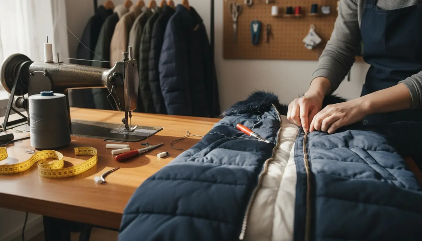 Hænder skifter lynlås på en lang vinterjakke ved et skræderarbejdsbord.