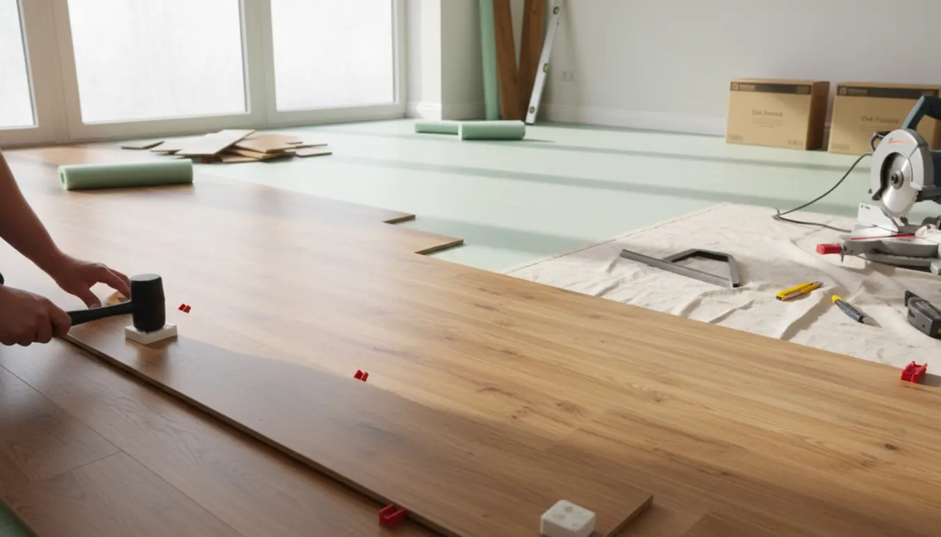Laminatgulv under montering i et lyst rum med planker, underlag og værktøj.