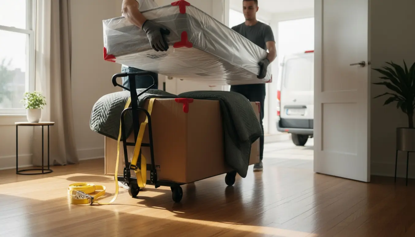 To personer flytter en indpakket ny seng gennem en lys lejlighedsgang med en møbeldolly og flyttegrej.