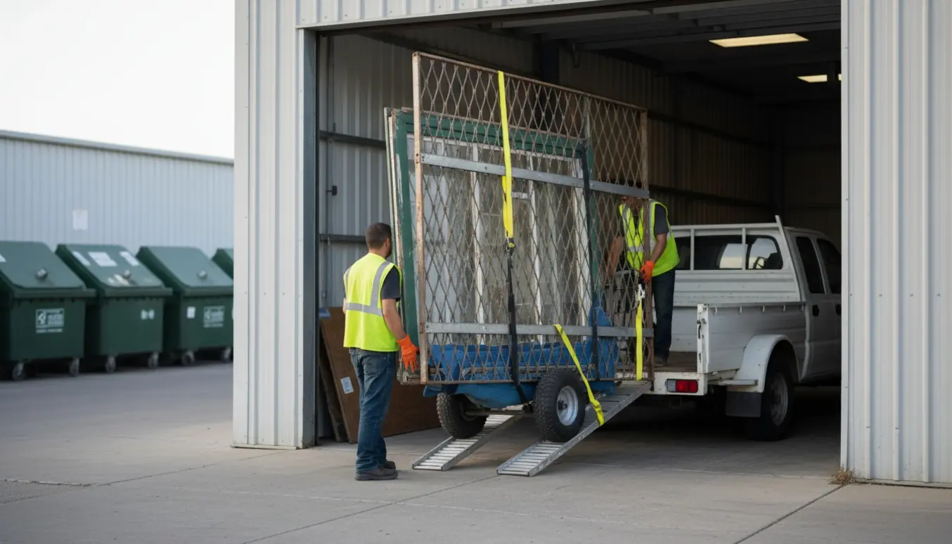 To personer læsser et metalgitter og et vinduesparti i en varebil fra et gadeplansskure på vej til genbrugspladsen.