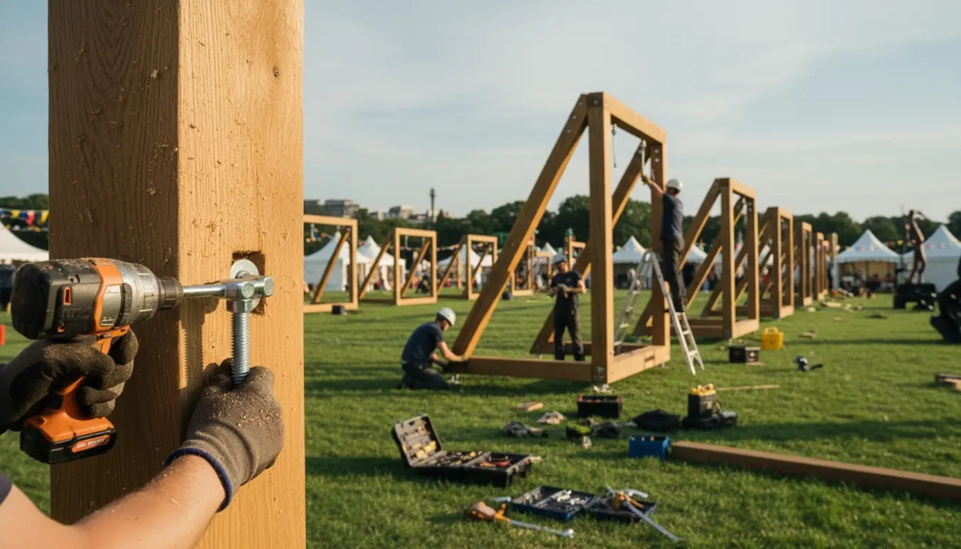 Arbejdere bolter store trærammer i en park som opsætning til en udendørs kunstfestival.