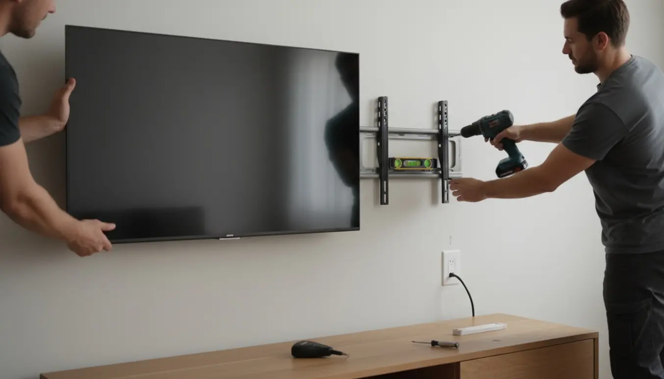 Hænder monterer et stort fladskærms-tv på væggen med vægbeslag og boremaskine.