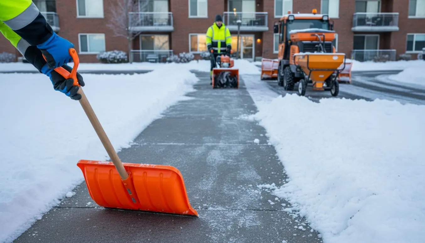 Snerydning ved en andelsboligforening med ryddet gangsti, skovl og snerydningsudstyr i blødt vinterlys.