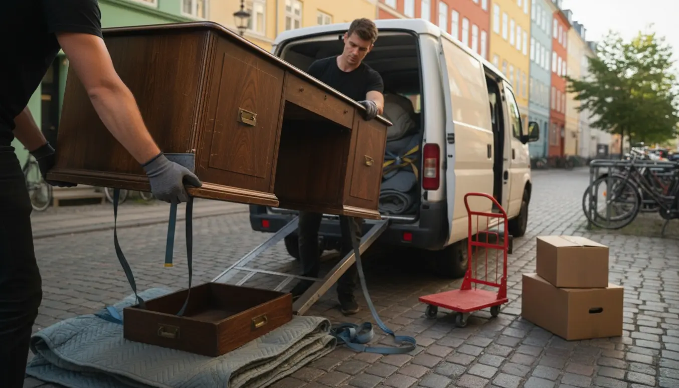 To personer læsser et træskrivebord ind i en flyttevogn på en stille Nørrebro-gade.