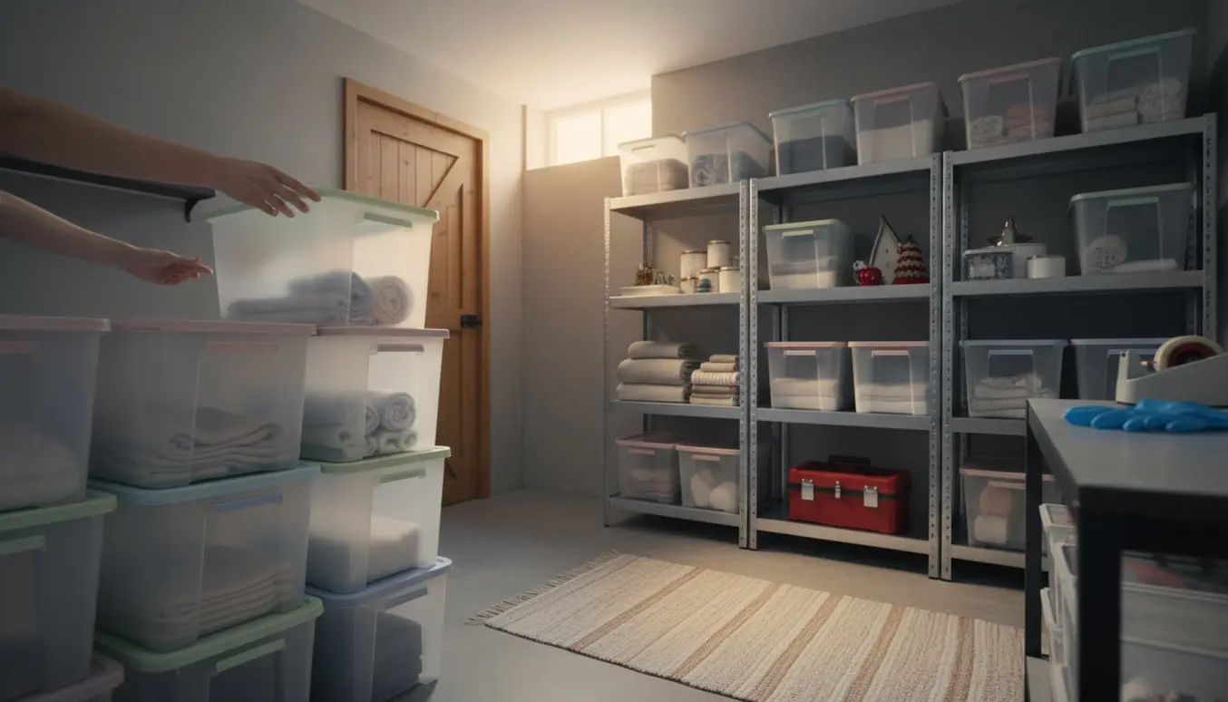 Organiseret kælder med stablede plastikbokse og hylder i blødt naturligt lys.