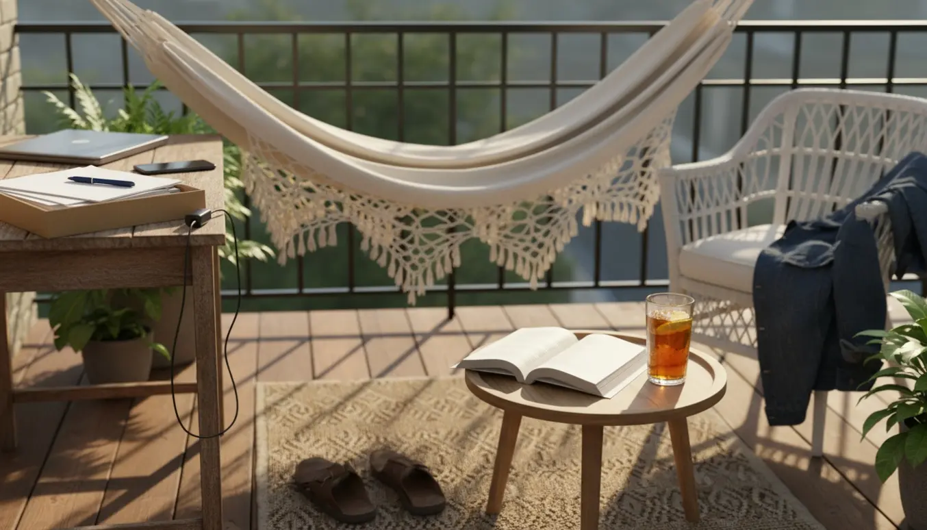 Lukket laptop og papirbunker lagt til side på en solrig altan med hængekøje og kølig drik, der viser fri fra arbejde.