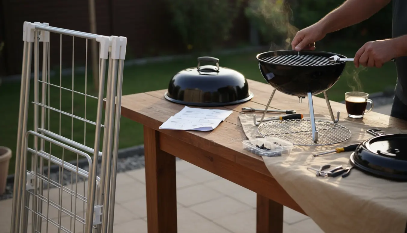 Delvist samlet tørrestativ og en person, kun med hænder, der samler en grill på en terrasse.