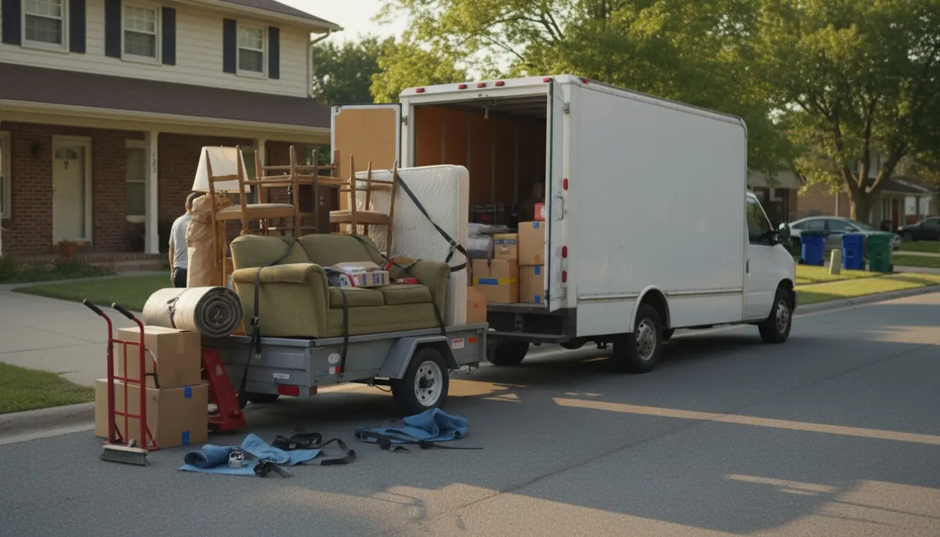 Flyttebil og trailer læsset med møbler og flyttekasser foran et hus, flyttefolk med rygge og hænder synlige.