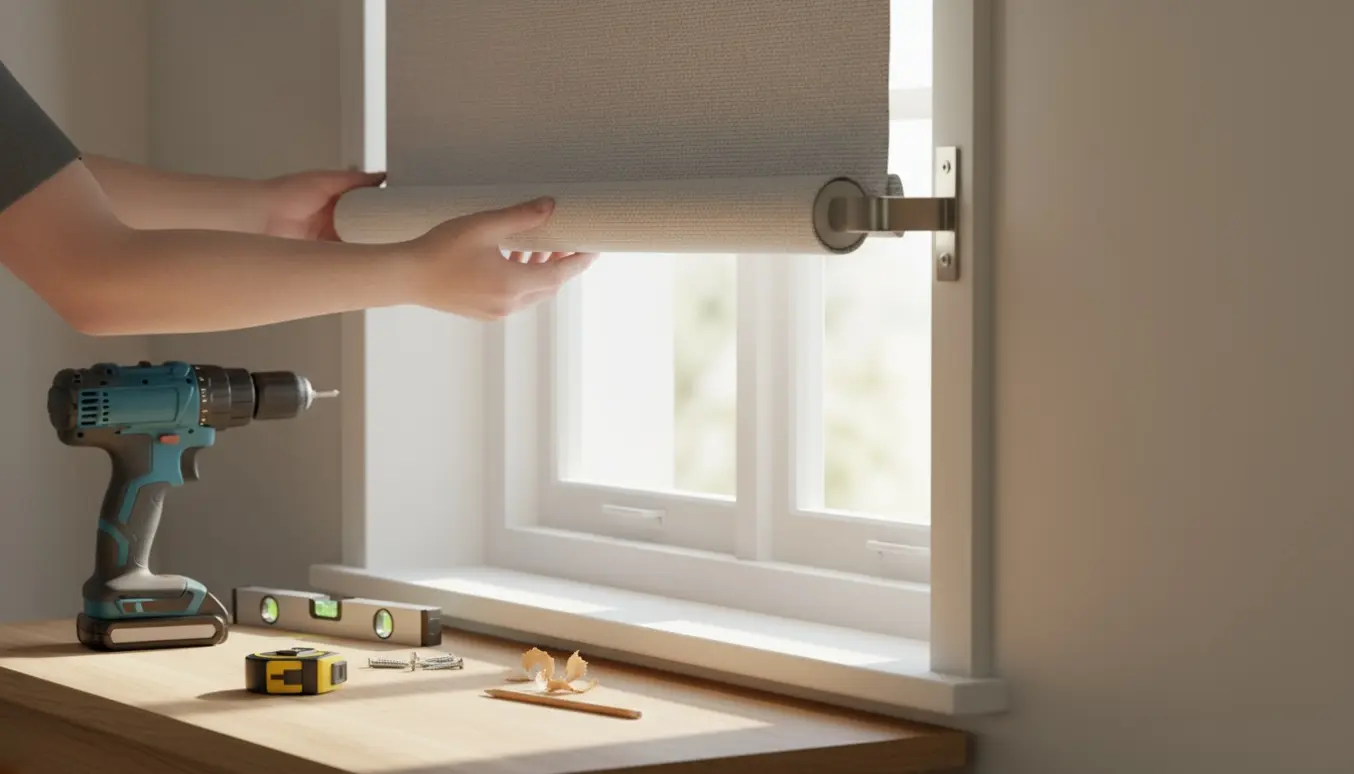 Nærbillede af hænder, der monterer et rullegardin i en vindueskarm med boremaskine og værktøj.