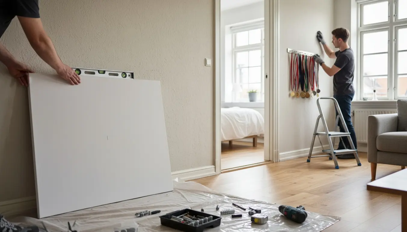 I en lys Amager-lejlighed hænges et stort maleri op, mens en medaljeholder flyttes til soveværelset.