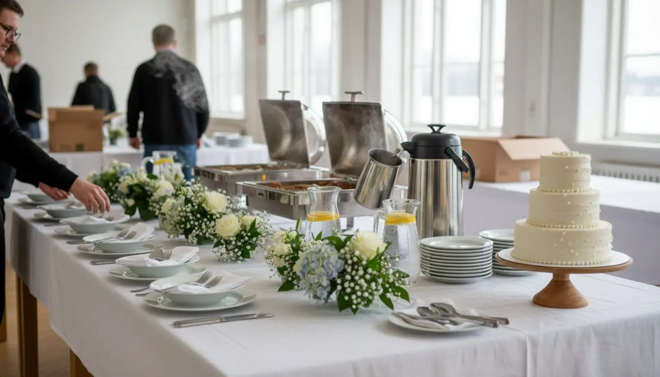 Lyst festlokale hvor hjælpere dækker buffetbord og fylder kaffe til en barnedåb.
