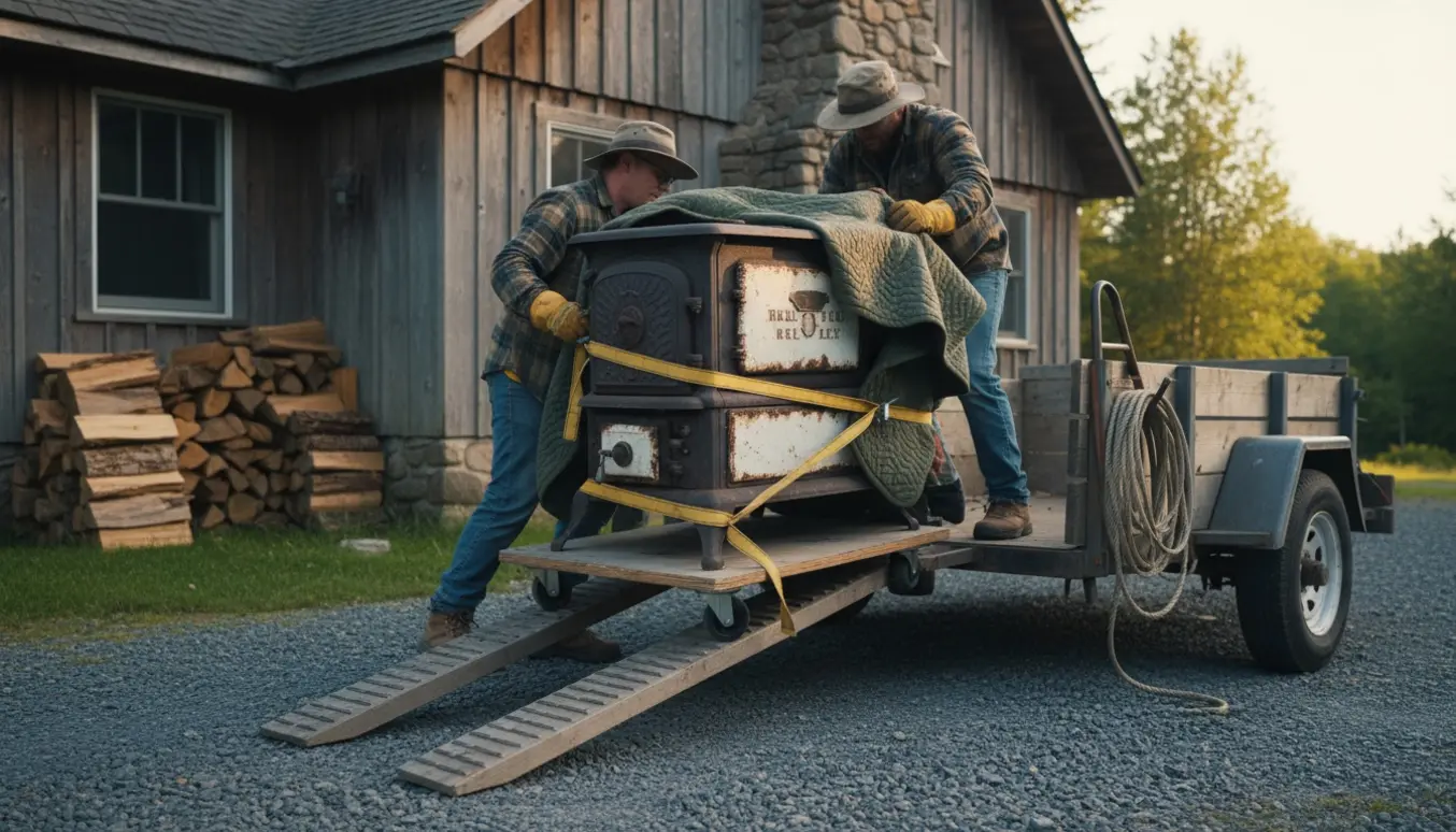 To personer laster en tung, gammel brændeovn ind på en trailer foran et sommerhus ved en brændestabel.