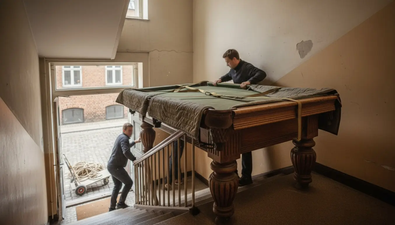 Gammelt billardbord bæres op ad en smal trappe i København af flyttefolk med stropper og polstrede tæpper.