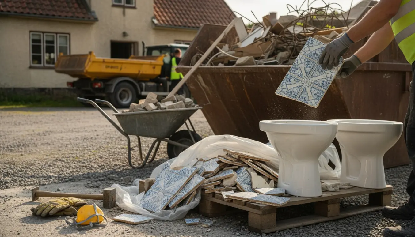 Arbejdshænder lægger knuste fliser og en toiletvask i en container ved et hus klar til nedrivning.