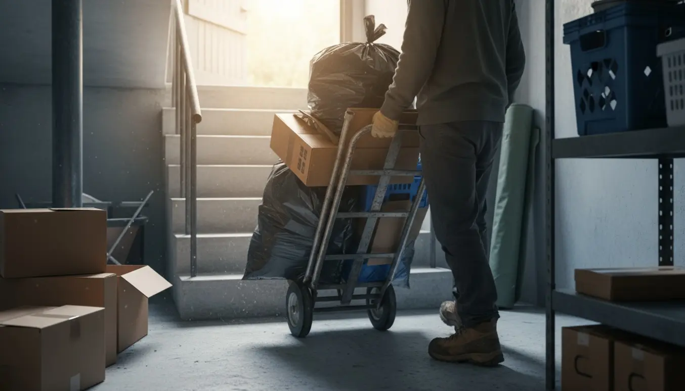 En dolly med fyldte sække trækkes op ad en kældertrappe i sollys, mens en person med handsker skubber den.