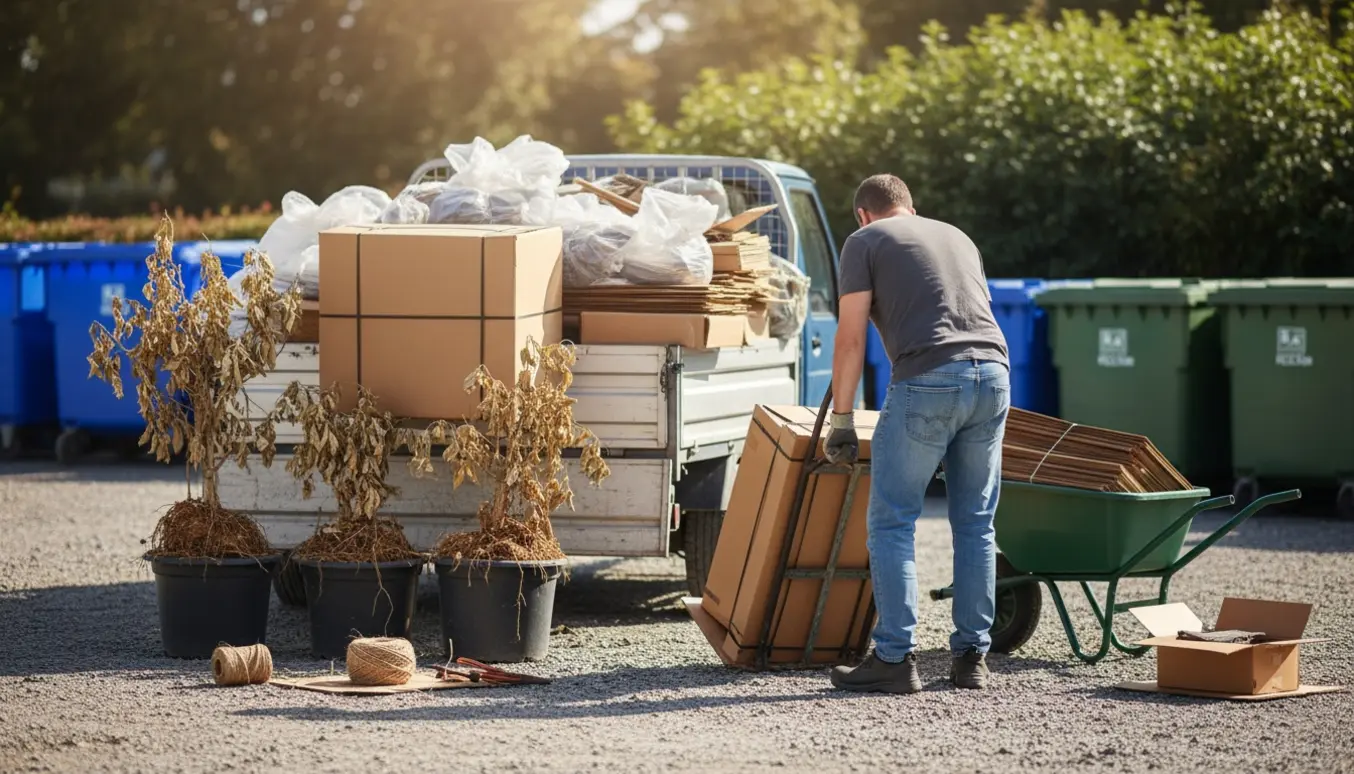 Bagfra syn på en person der læsser pap, plastik og visne planter på en trailer ved en genbrugsplads.