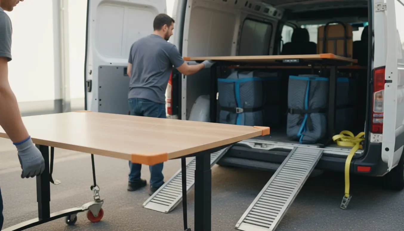 To hjælpere læsser tre store hævesænkeborde ind i en varevogn med flyttetæpper og stropper.