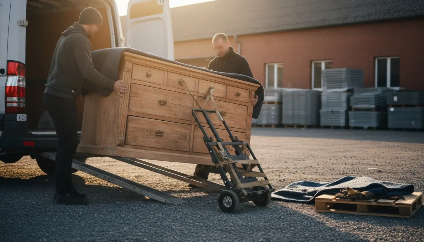 En bred kommode på flyttetralle bliver læsset af fra en varevogn ved levering til en plads med eternit-plader.