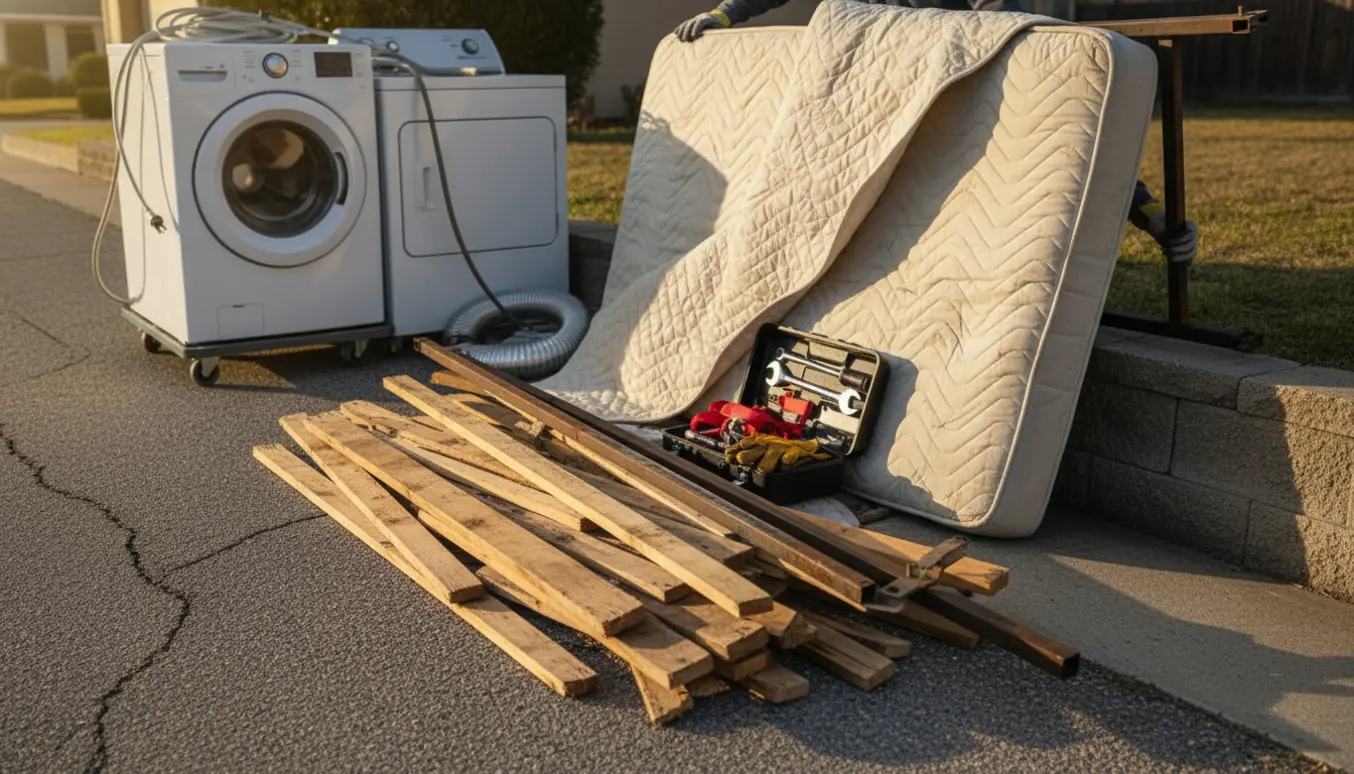 Afmonterede sengedele, frakoblede vaskemaskine og tørretumbler stillet på fortovet klar til storskrald.