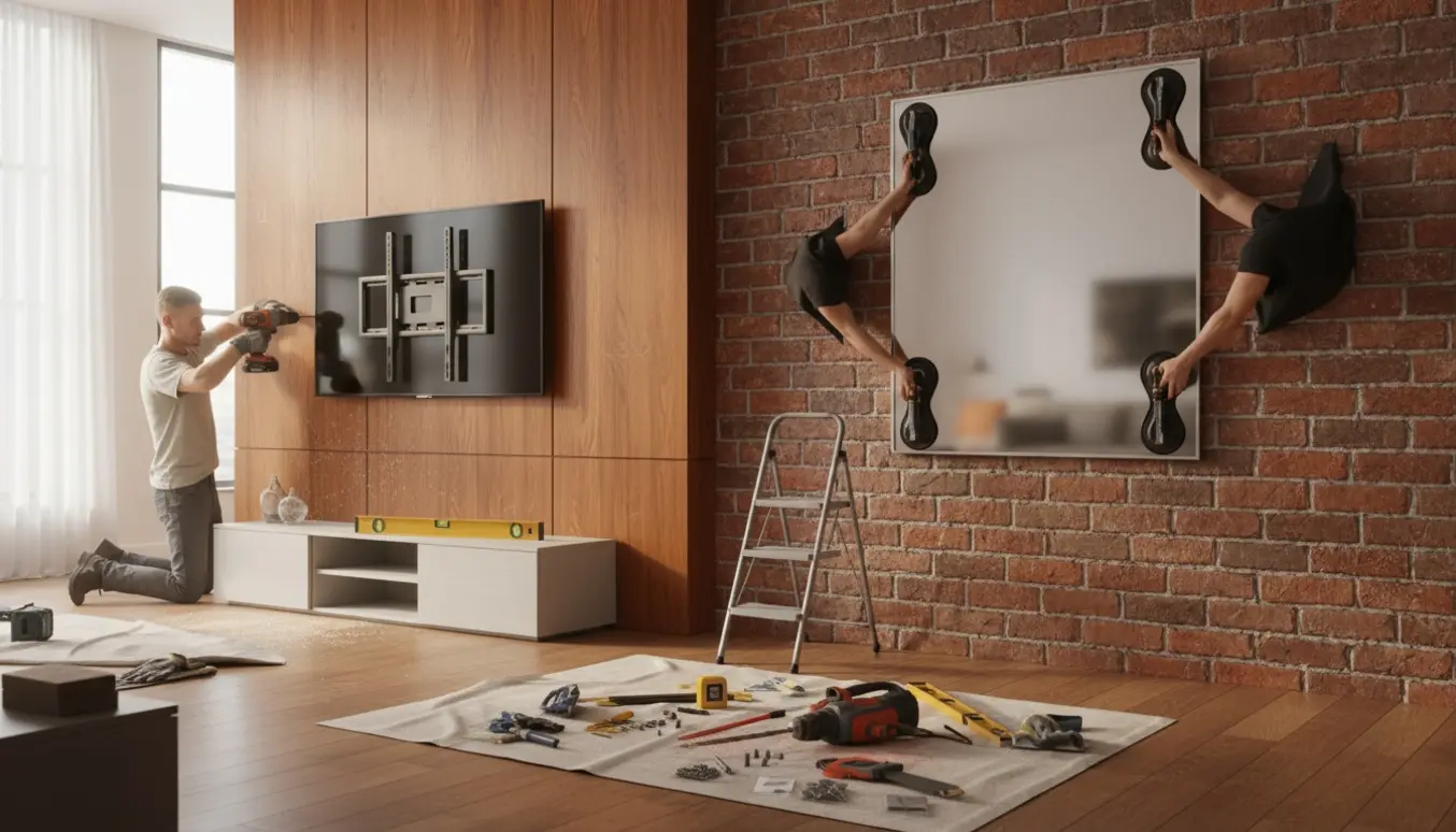 Et tv monteres på en trævæg, og et spejl hænges op på en murstensvæg med værktøj og hænder i arbejde.