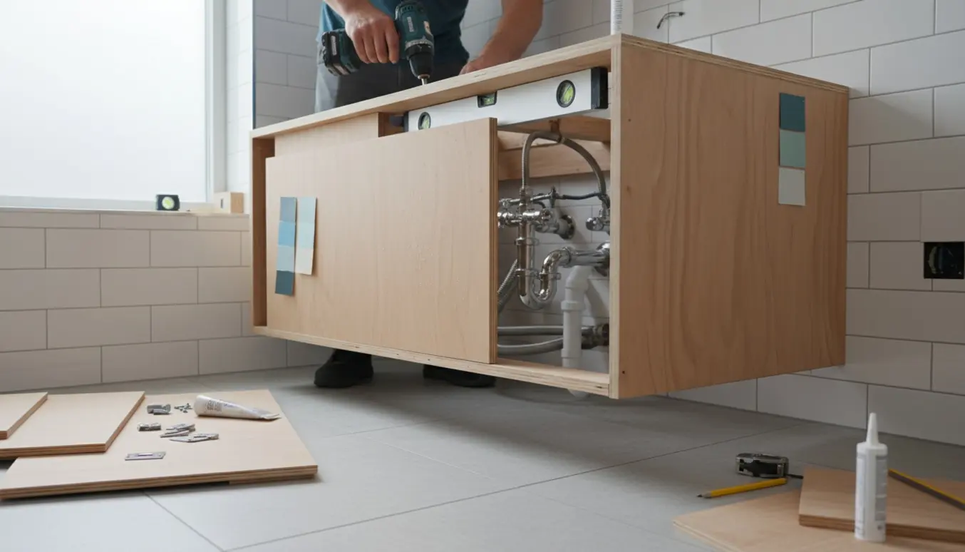Delvist monteret badeværelsesskab, der skjuler rør, med værktøj i et lyst og ryddeligt badeværelse.