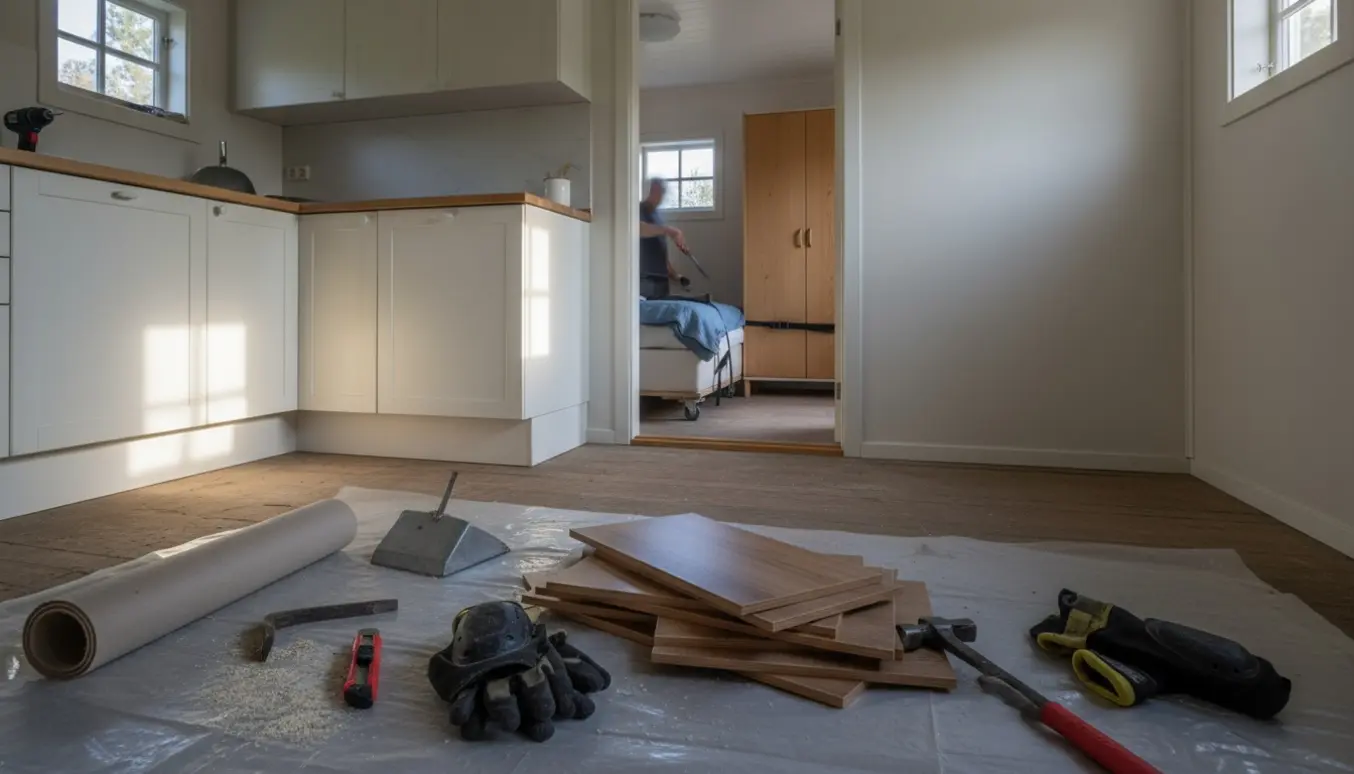 Fjernelse af laminatgulv i et lille sommerhus med stablede planker, værktøj og et skab, der flyttes.