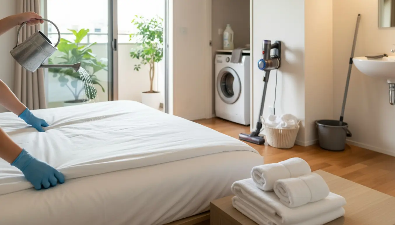 Hænder gør rent og lægger nyt sengetøj i en solbelyst Airbnb-lejlighed med vanding af planter på altanen.