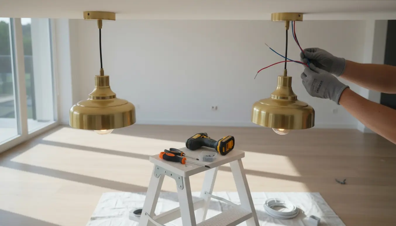 Hænder monterer to loftlamper med beslag og værktøj på en stige i et lyst rum.