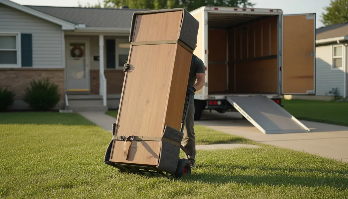 Et højt træskab på en sækkevogn bæres over en græsplæne mod en åben flyttevogn.