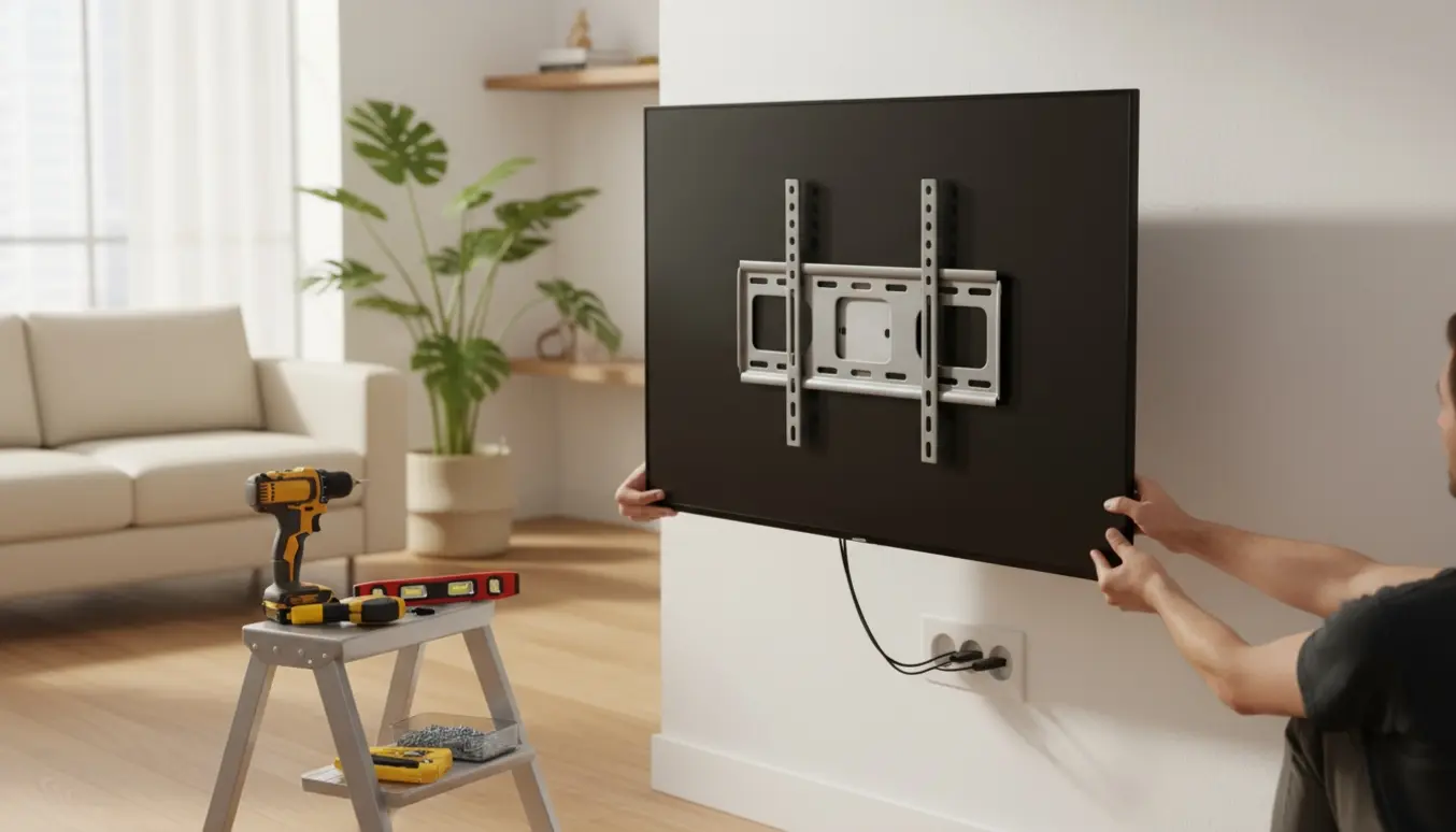 65 tommers fjernsyn monteres på væg i en lys stue med værktøj og kabler synlige.