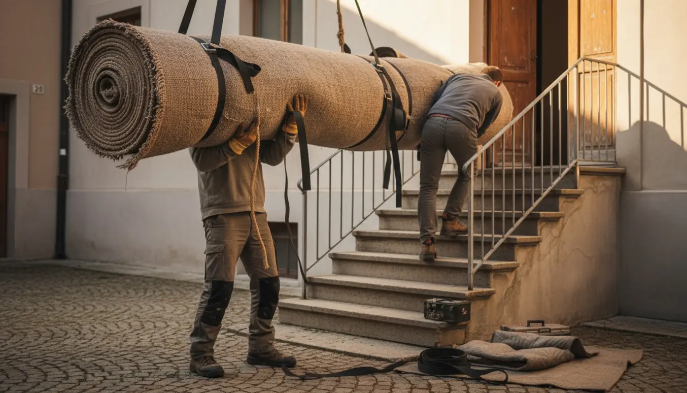 To personer løfter et sammenrullet tungt tæppe op ad en udendørs trappe mod første sal.