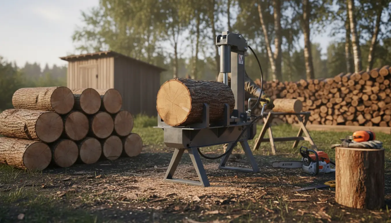 Hydraulisk brændekløver i en have med store stammer, sav og stak kløvet brænde.