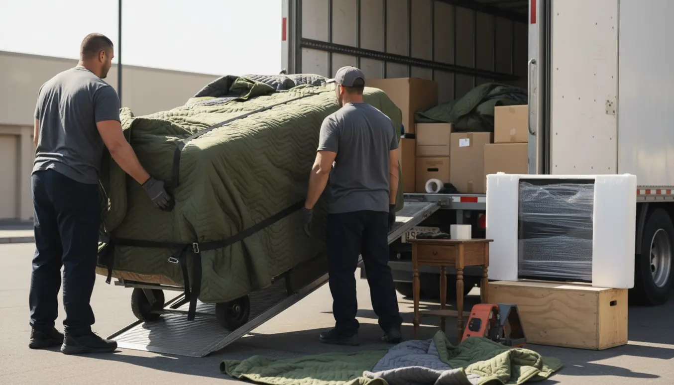 To flyttefolk læsser en tung seng, et TV og et bord ind i en åben flyttebil, kun hænder og rygge synlige.