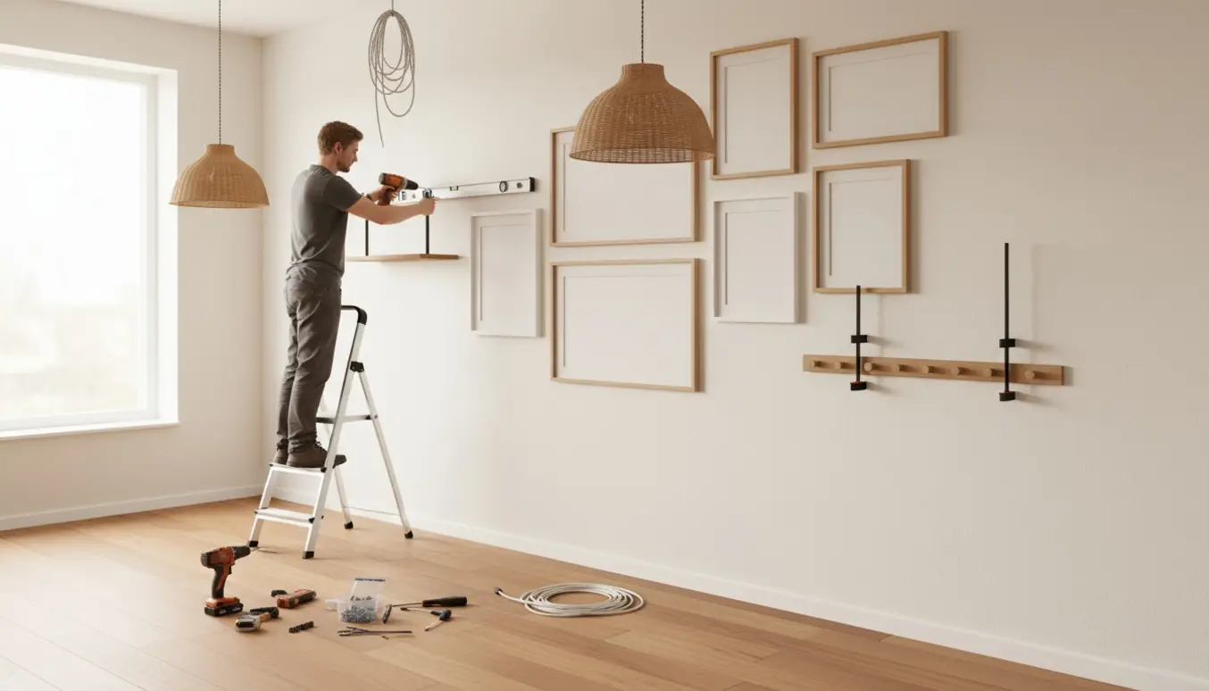 Hænder monterer ni rammer, to hylder, en knagerække og to lamper på en lys stuevæg med værktøj på gulvet.
