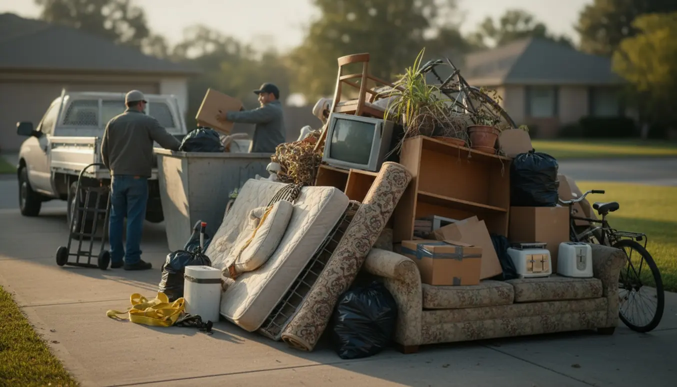 Fyldt indkørsel med gamle møbler, poser og trailer klar til afhentning.
