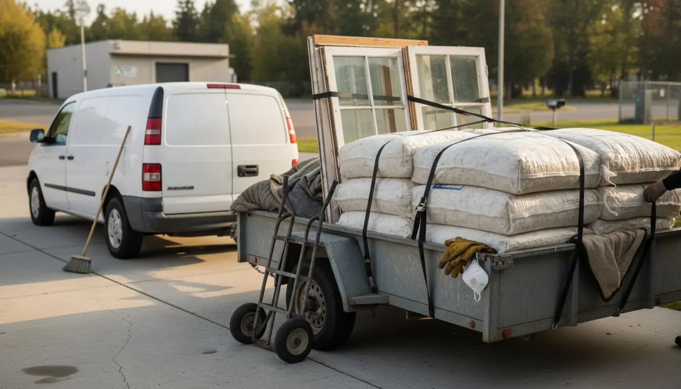 En varevogn med trailer fyldt med to vinduer og ti poser rockwool parkeret på en indkørsel klar til bortkørsel.