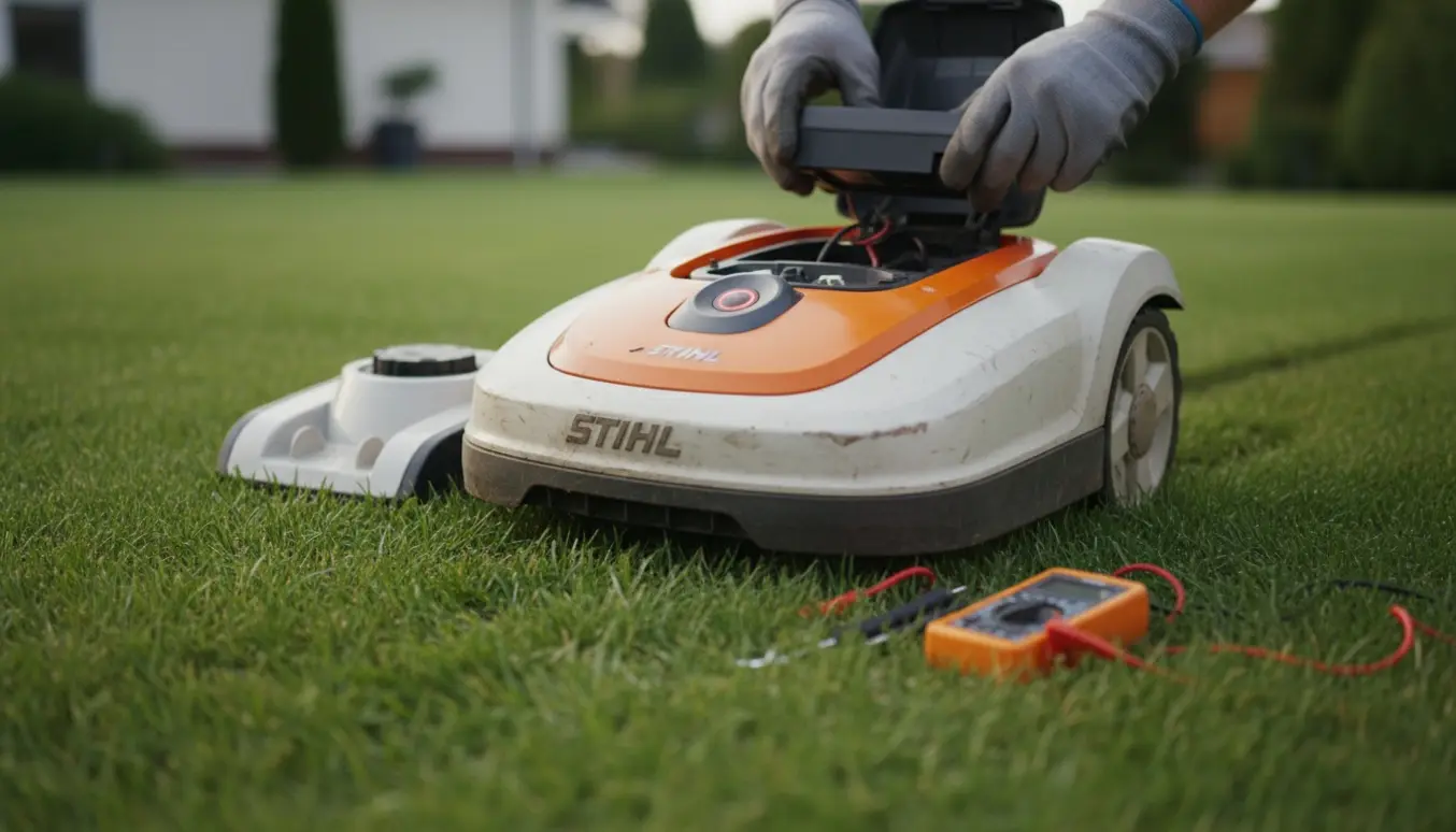 Glædning på en person, der fjerner batteriet fra en seks år gammel robotplæneklipper ved ladestationen med multimeter og værktøj på græsset.