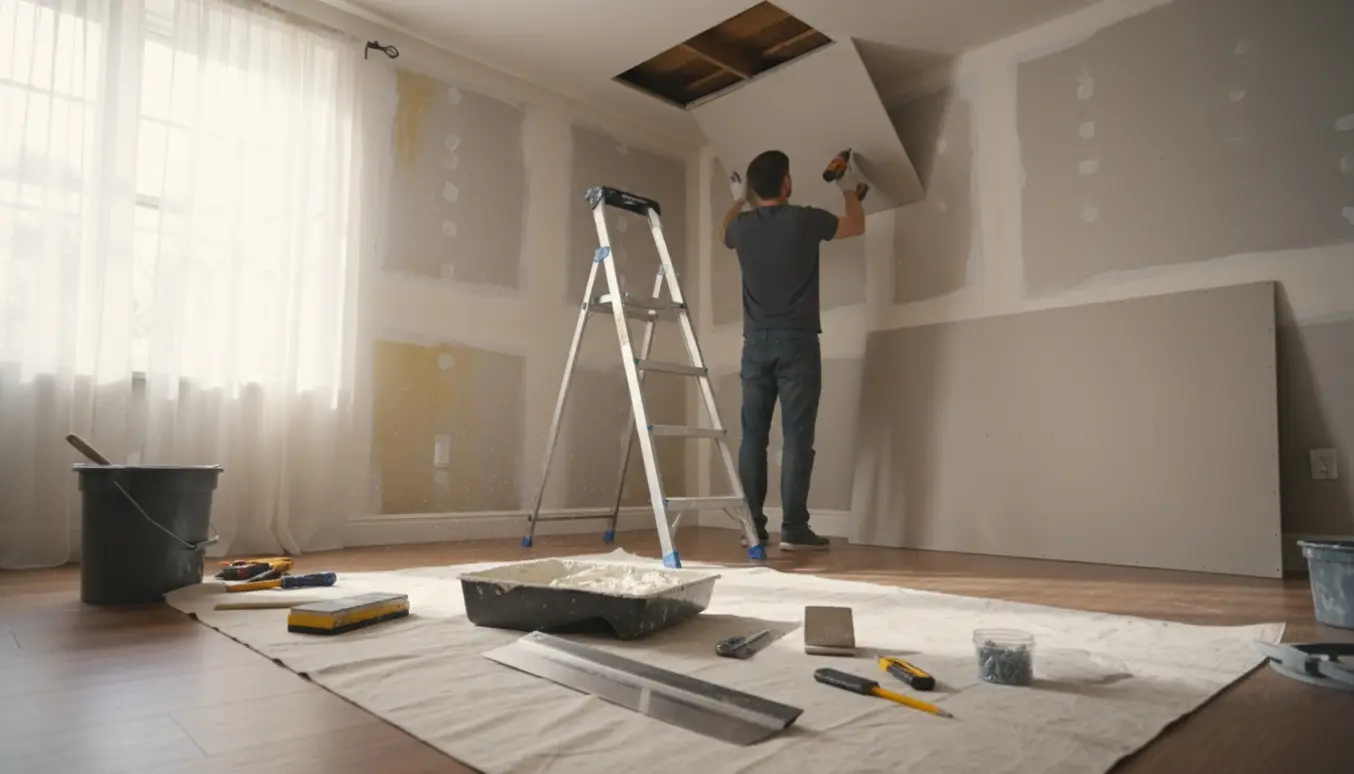 Nærbillede af reparation af vandskadet loft og vægge med gipsplader og værktøj i et lyst rum.