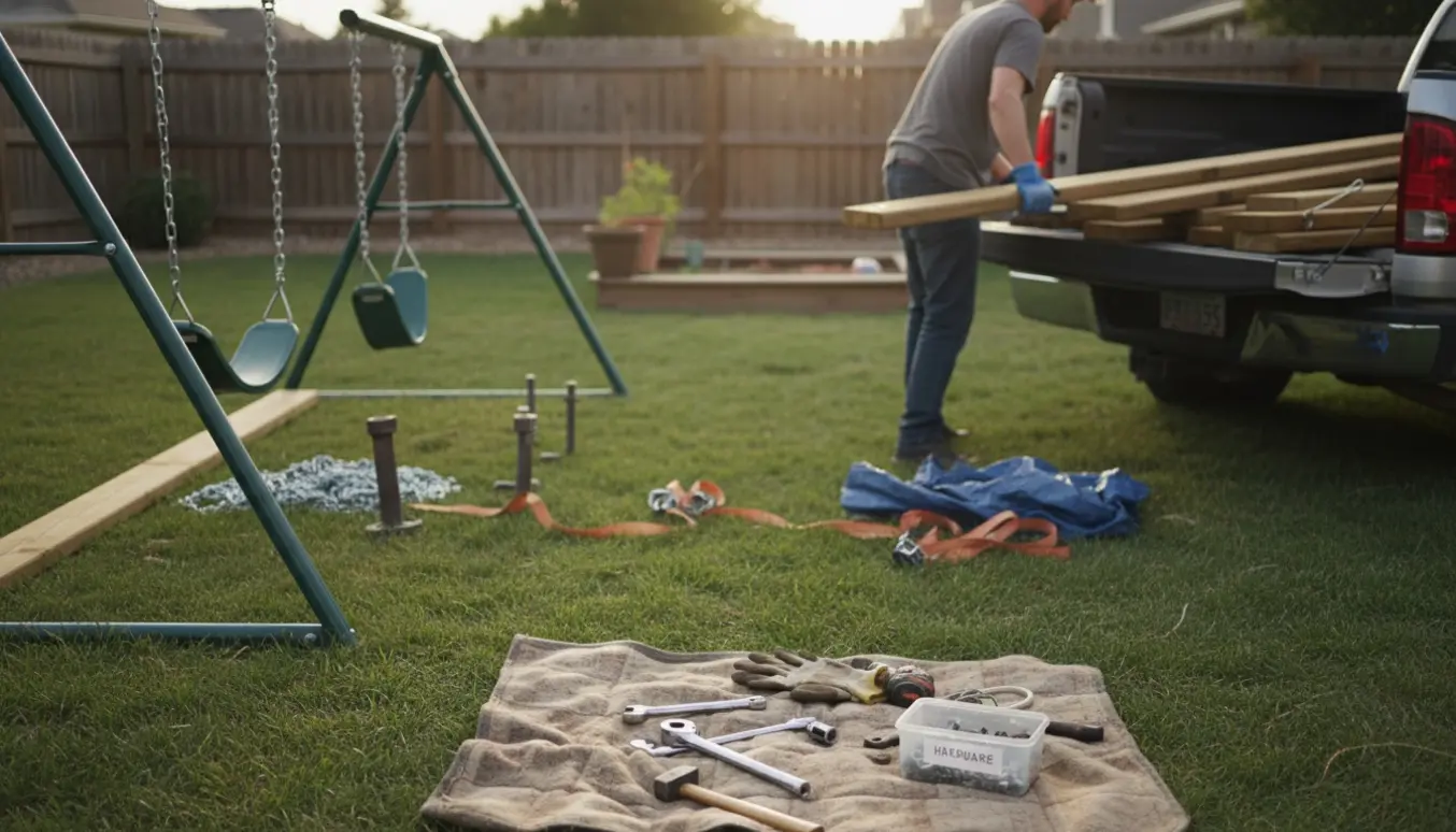Nedtaget gyngestativ i en have med dele, værktøj og en varebil klar til at køre væk.