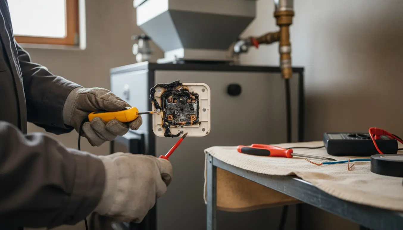 En elektriker med isolerende handsker tester et sodet, beskadiget trekontaktstik ved siden af et pillefyr.