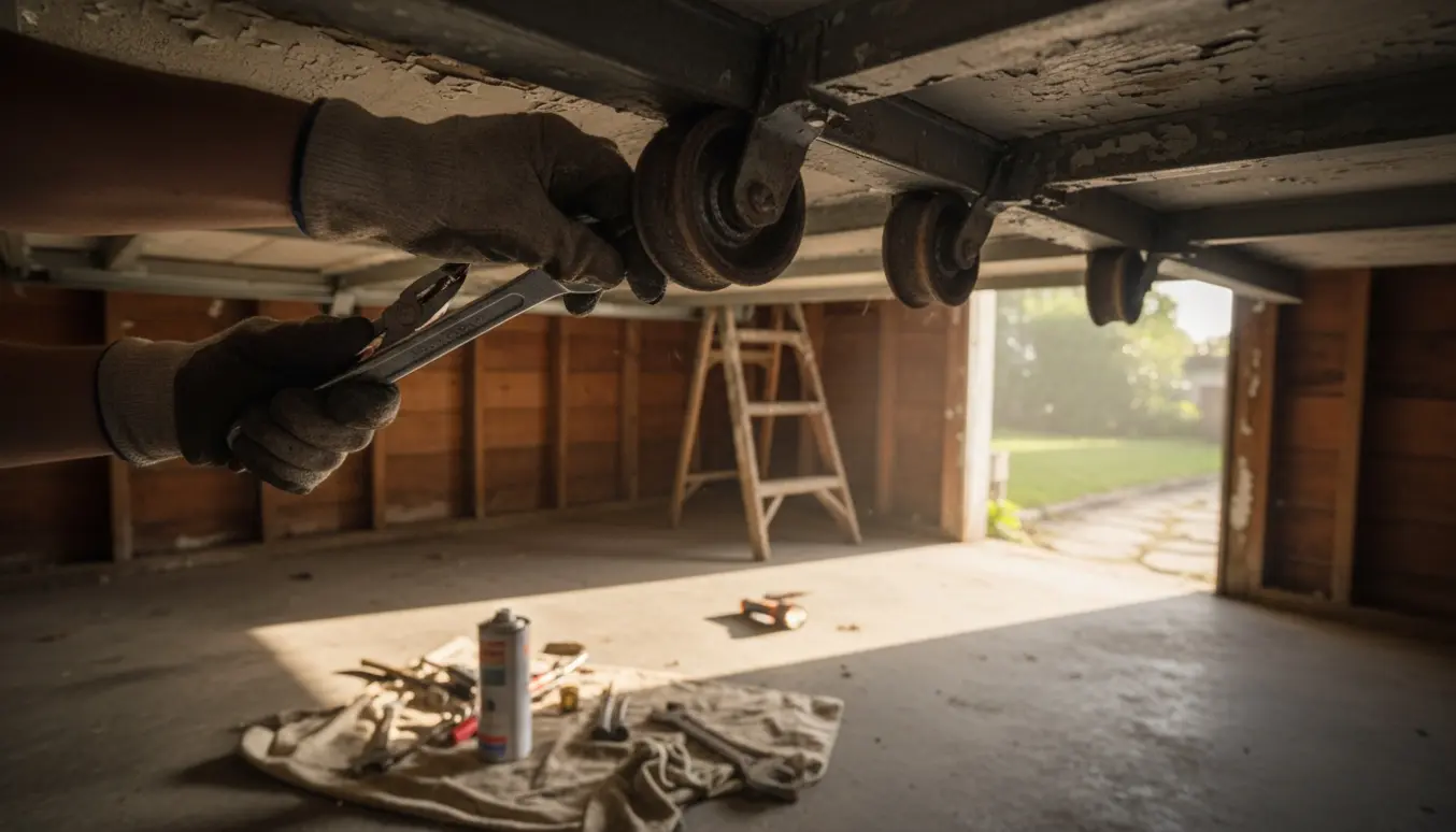 Hænder sætter et garageporthjul tilbage på skinnens ophæng i en gammel garage.