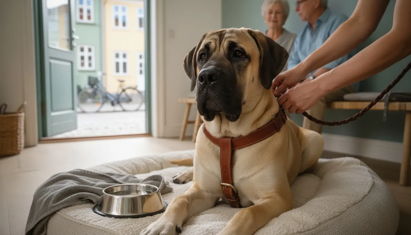 En stor engelskmastiff får sele på af en hundepasser i et lyst, hyggeligt hjem i Kolding.