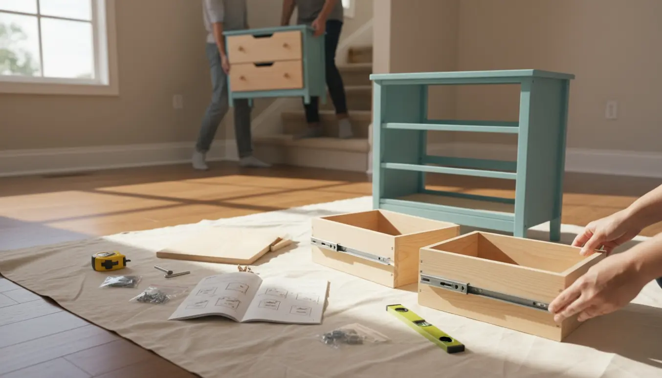 Hænder samler en lille børnekommode med skuffer og værktøj, mens en anden bæres ned ad trappen.